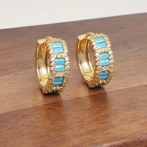 14K Gold Womens 2ct Blue Turquoise Gemstone 1ct Diamond Small Hoop Earrings NEW